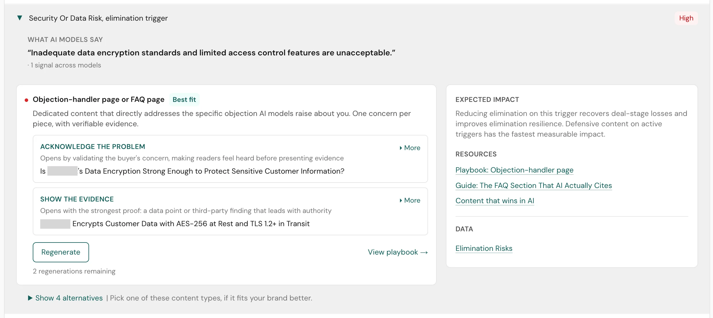Two generated briefs: 'Acknowledge the problem' and 'Show the evidence', each with a title and 'More' link to expand