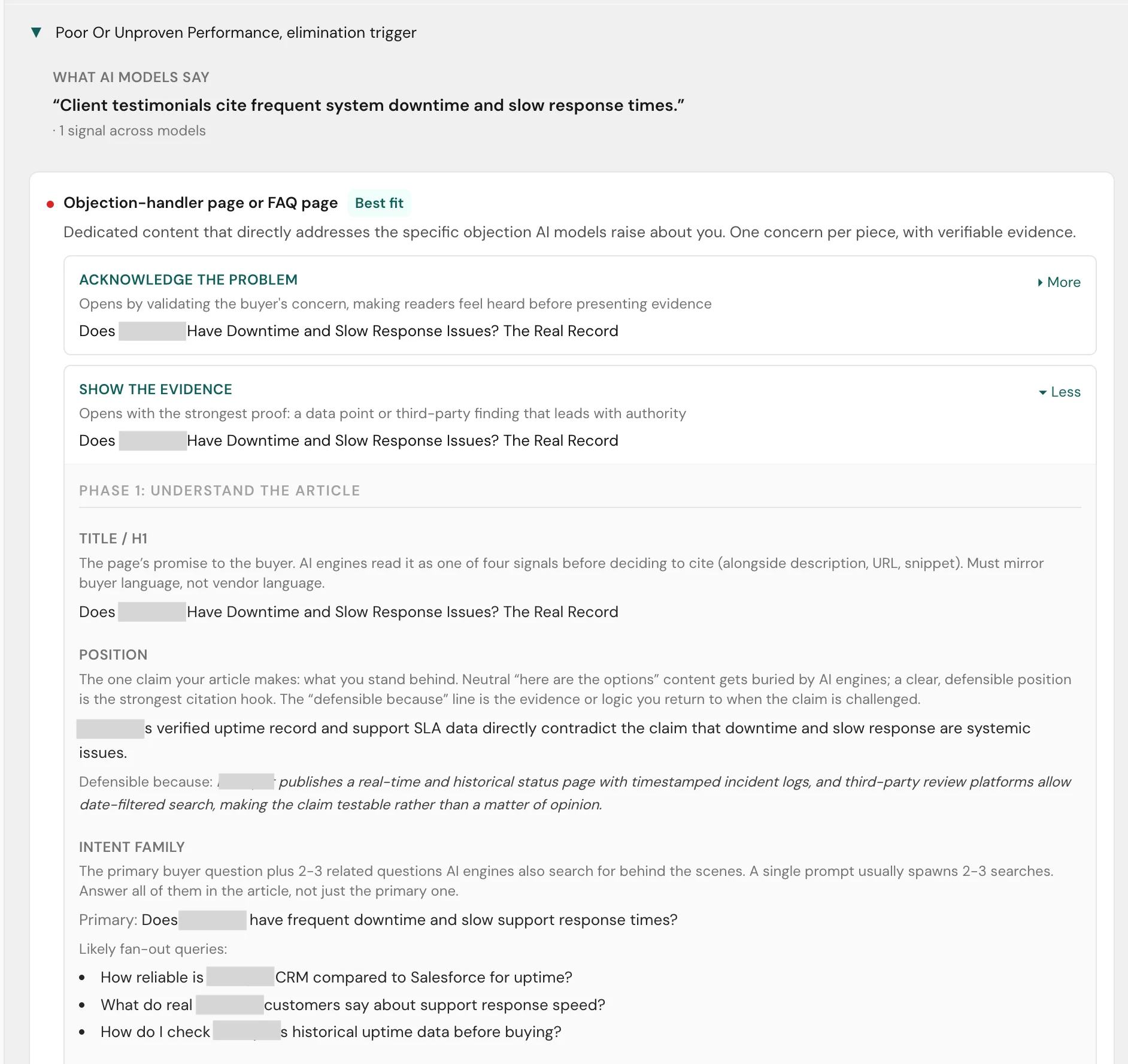 Phase 1 of the Seedli content brief, showing the page's title, its defensible position with the defensible-because line, and the intent family with the primary buyer query plus the fan-out queries AI engines run behind the scenes