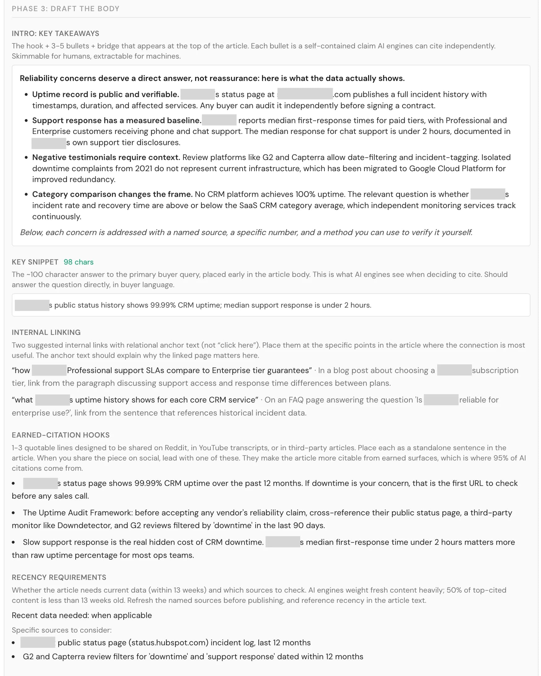 Phase 3 of the Seedli content brief, showing the body draft elements: the Intro Key Takeaways block, the ~100-character Key Snippet, two suggested internal links with relational anchor text, one to three earned-citation hooks for share-of-voice on Reddit and YouTube transcripts, and the recency requirements naming the named sources to refresh