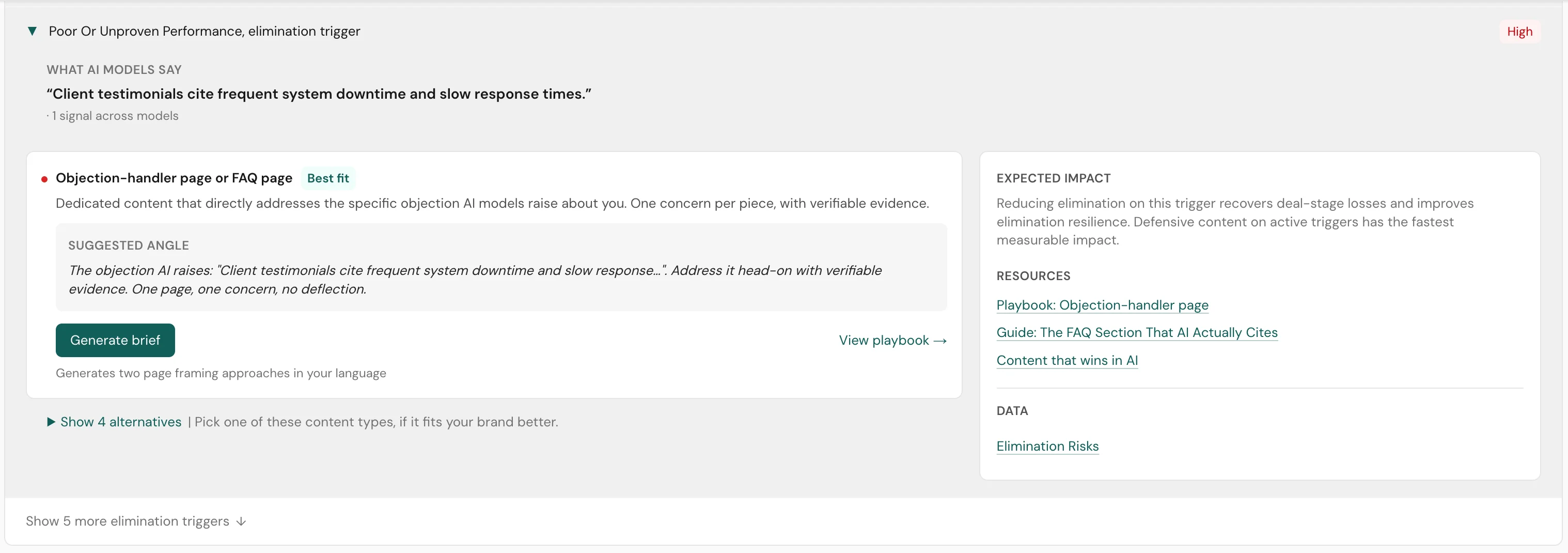 Seedli Content Plan showing how buyer signals (elimination triggers, criterion gaps, use case coverage) map to content type recommendations with priority scores