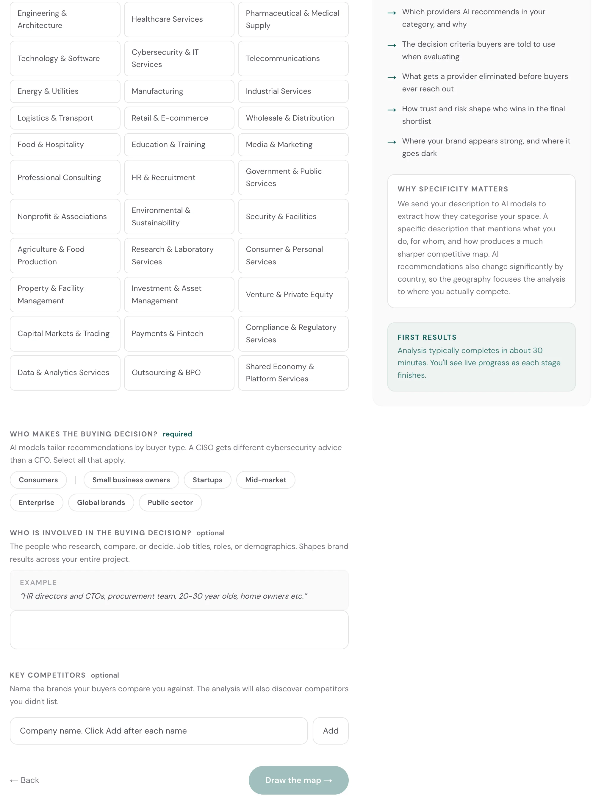 Step 2 of Seedli project setup, bottom half: buyer decision-maker multi-select, buying-involvement textarea, and competitor list with Add button
