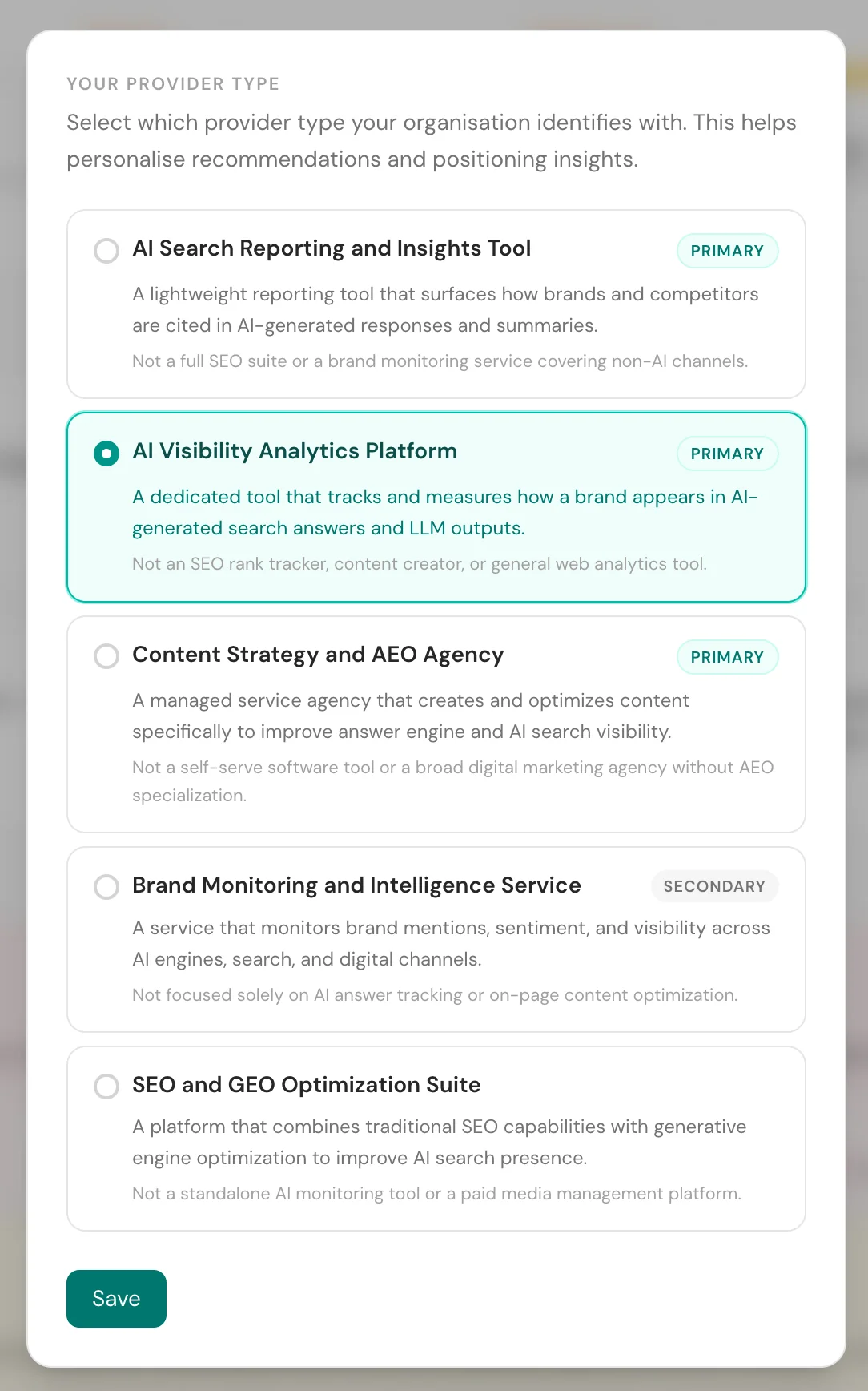 Choose your provider type dialog: five provider categories extracted from the analysis, each with a positive description and an explicit exclusion clause, tagged Primary or Secondary