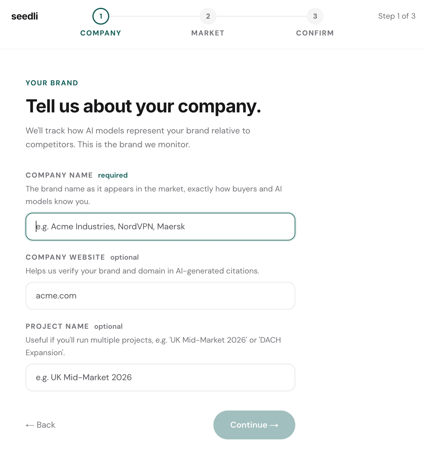Step 1 of Seedli project setup: form with Company name (required), Company website, and Project name fields