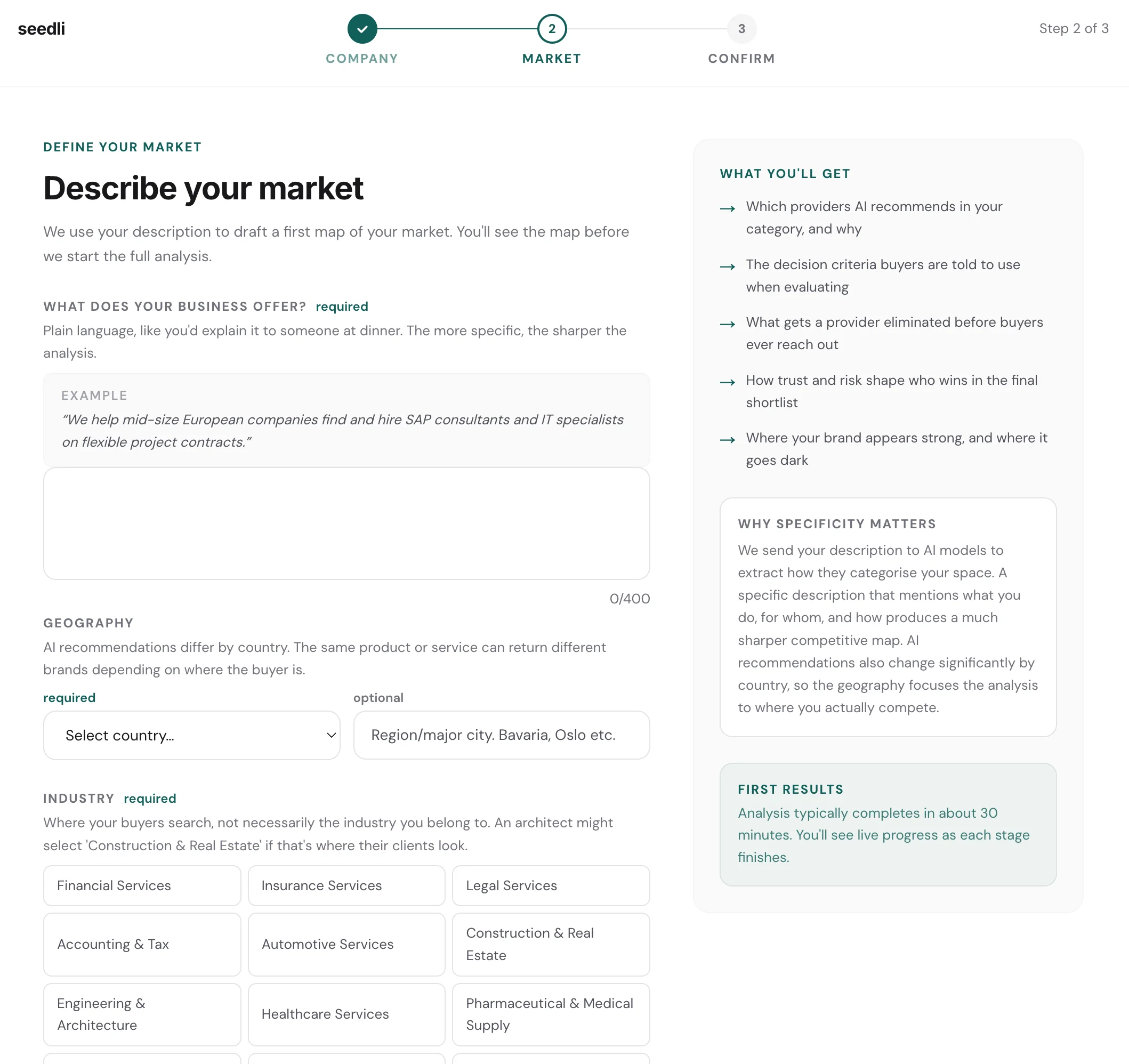 Step 2 of Seedli project setup, top half: Describe your market form with business offer textarea, geography selector, and industry chips