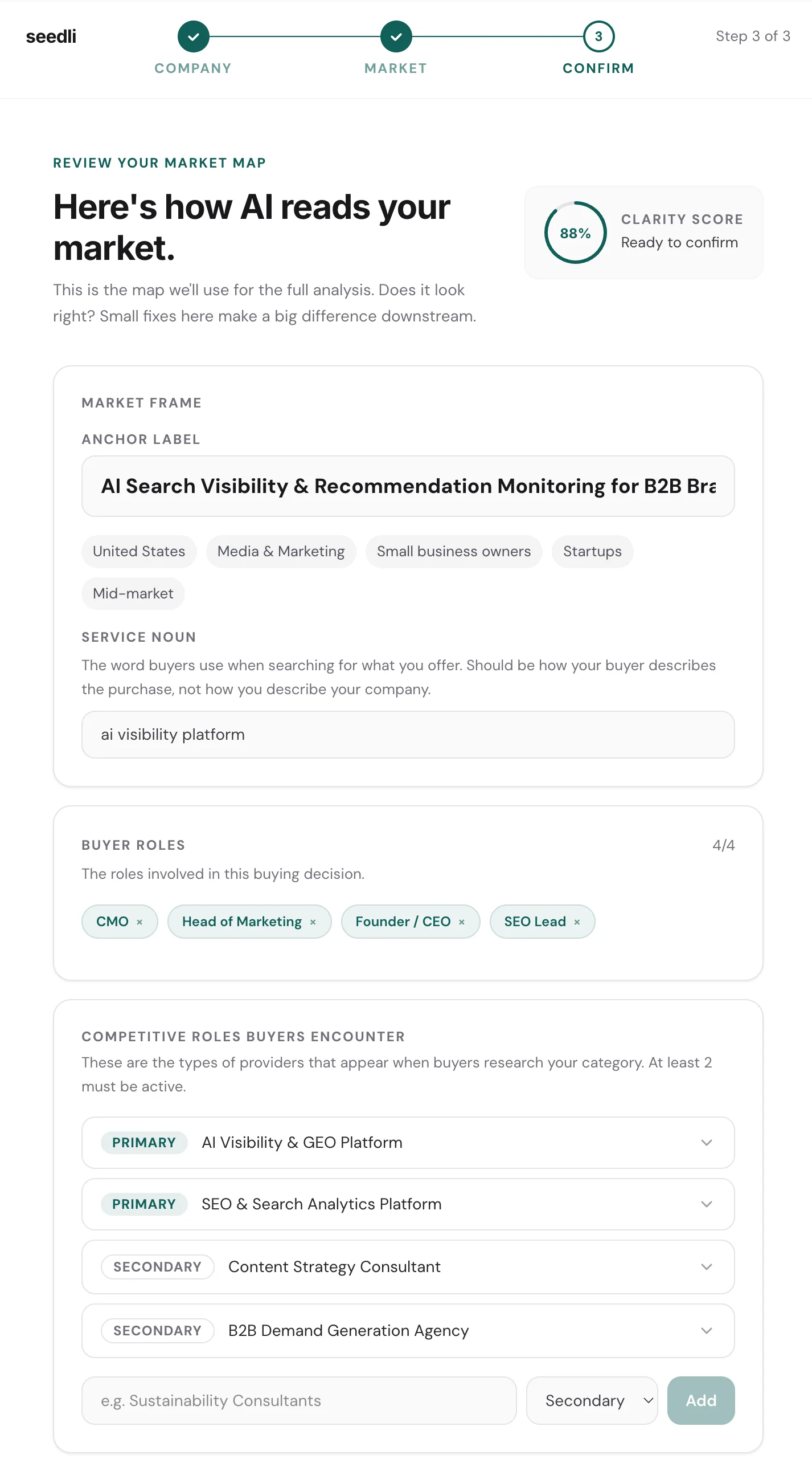 Step 3 of Seedli project setup, top: Review your market map with anchor label, service noun, buyer roles, and competitive roles sections